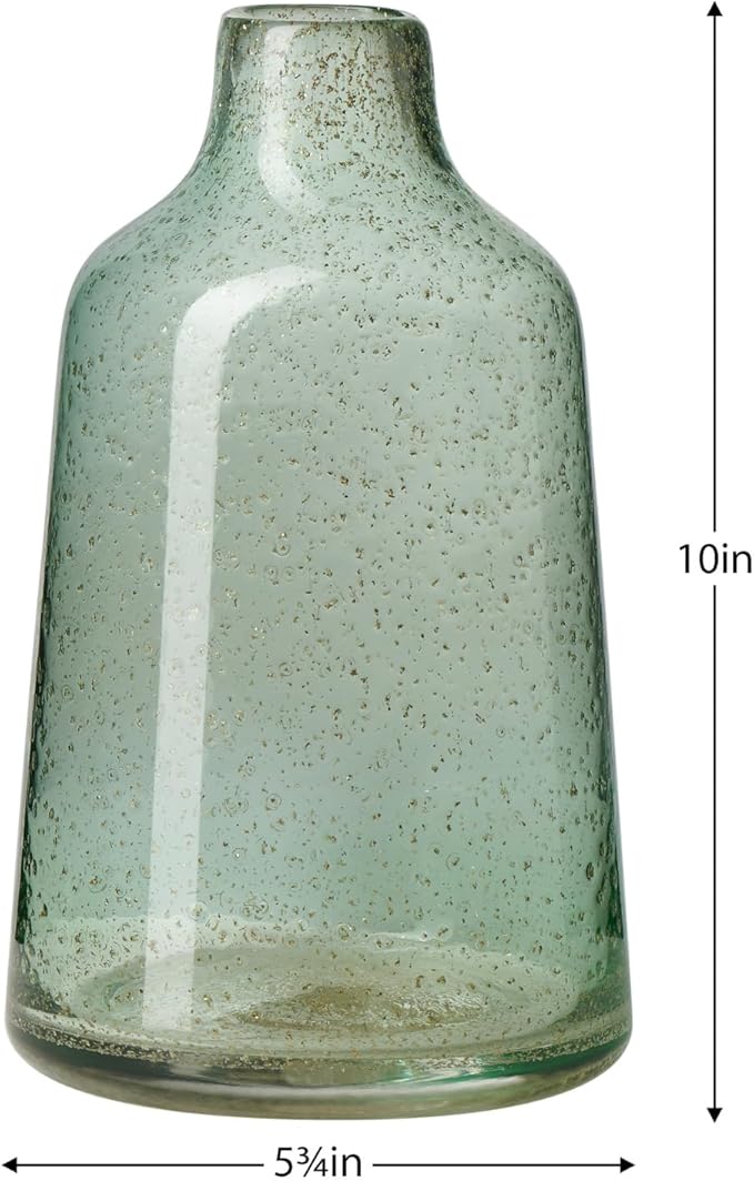 Torre & Tagus 10 Inch Tall Green Glass Vase with Gold Flakes, Mouth Blown Glass Vases Green Flower Vase Centerpieces, Watertight for Hydroponic Plants, Coastal Seagreen Gold Decor Accents (Marina)