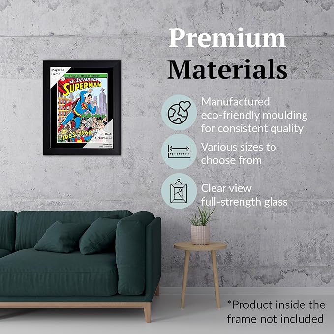 Creative Picture Frames 6.75 x 10.25 Magazine Comic Book Frame with Full-Strength Glass, Holds Up To A 1/4" Thick Media with Installed Hangers for Easy Mounting, 8x12 Black Frame with Black Mat