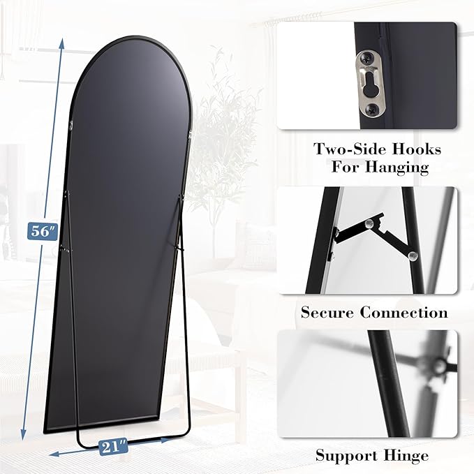 DUMOS Arched Full Length Floor Mirror, 56"x15" Full Body Standing Mirror with Aluminum Frame and Shatter Proorf Nano Glass, Modern Wall Hanging Leaning for Living Room, Home Decor, Black