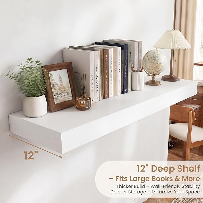 FLYJOE 72 Inch Long Floating Shelves for Wall Set of 1, 12" D Wood Grain Bathroom Shelves with Invisible Brackets, Easy Install Engineered Wood Storage Shelves for Kitchen, Living Room, Bedroom