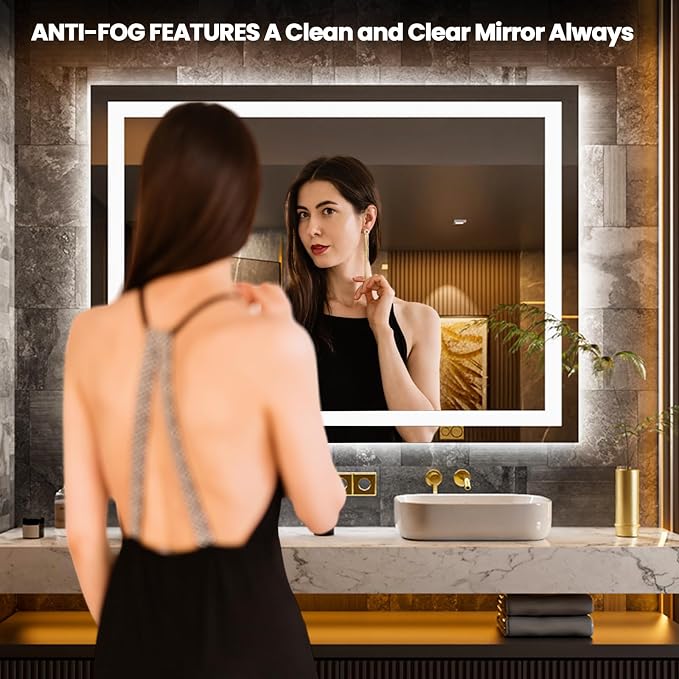 LOAAO 52"x36" LED Bathroom Mirror with Lights, Anti-Fog, Dimmable, Backlit + Front Lit, Lighted Bathroom Vanity Mirror for Wall, Memory Function