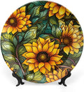 Decorative Plates, Autumn Flowers Stained Glass Design Ceramic Dinner Plate Home Wobble-Plate with Display Stand, Wall Hanging Decor for Kitchen Household 6 Inch, Gifts for Sunflower Lover