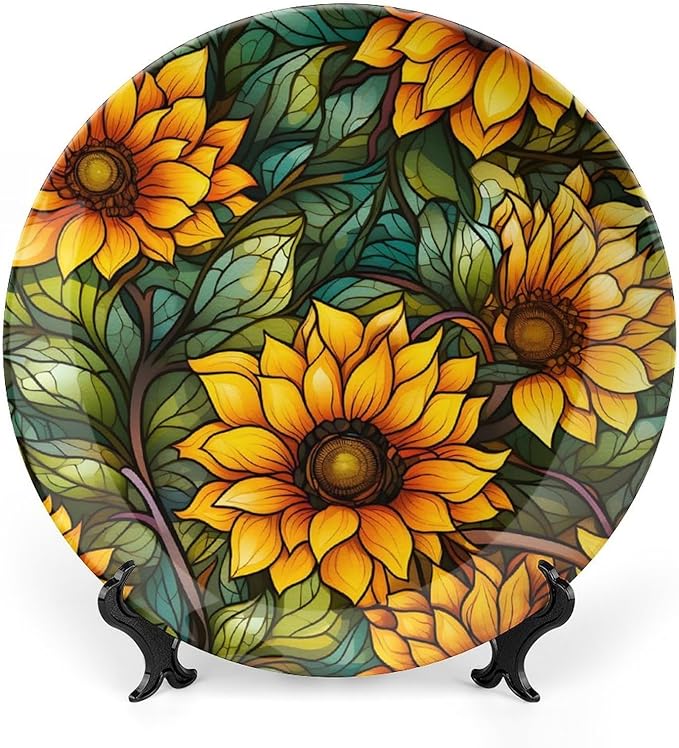 Decorative Plates, Autumn Flowers Stained Glass Design Ceramic Dinner Plate Home Wobble-Plate with Display Stand, Wall Hanging Decor for Kitchen Household 6 Inch, Gifts for Sunflower Lover