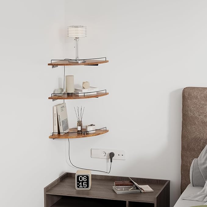 JJL Corner Shelf Wall Mounted, 12 Inches 3-Tier Floating Corner Shelf, Fan-Shaped Rustic Wood Decor with Fence, Brown Storage Organizer for Apartment Bedroom Kitchen Bathroom