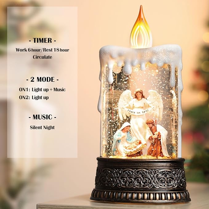 Nativity Snow Globe Candle Christmas Decorations Indoor Auto Snowfall Glitter Music Collection Angel Nativity Scene Peace on Earth with 6H Timer USB/Battery Powered 9.7 inch