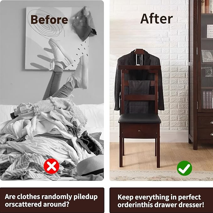 Suit Valet Stands for Men Women Contour Hanger Chair Valet with Drawer and Trouser Bar Wooden Valet Stand Organizer Storage for Entryway Bedroom