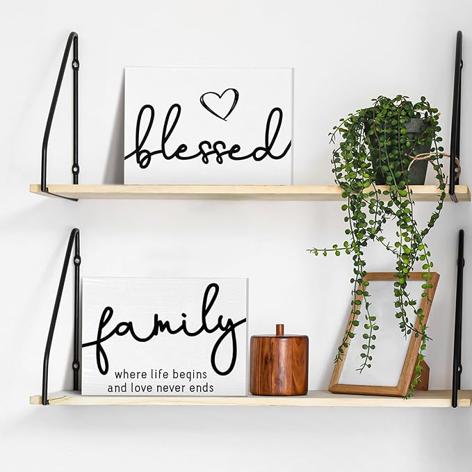 Jetec 3 Pcs Family Home Blessed Rustic Wood Sign Mini Wood Decorative Farmhouse Woodworks Table Shelves Decorations Sign for Bedroom Kitchen Living Room Table Decor(White,5 x 7 x 0.59 in)