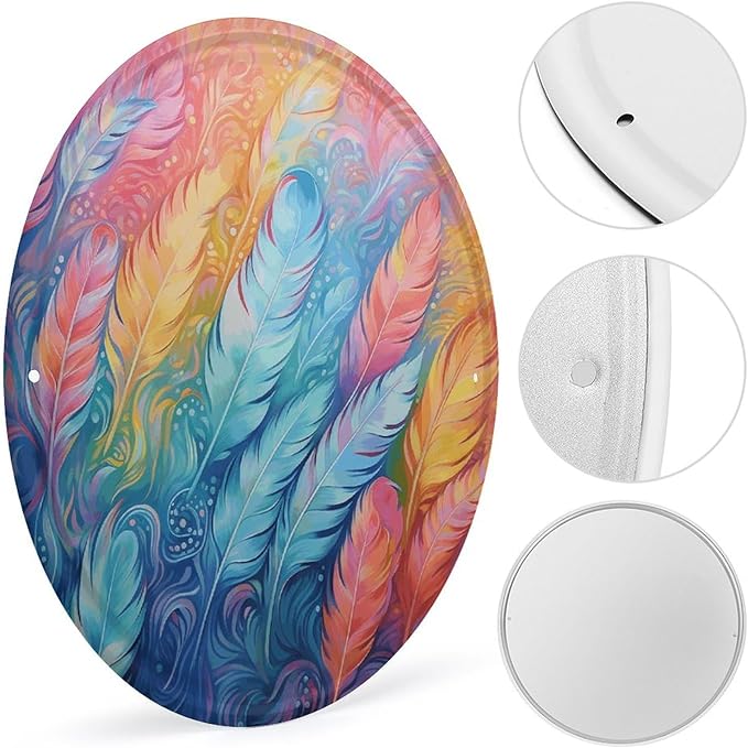 Wall Picture, with Hand Drawn Feathers Printed Circular Iron Hanging Picture,Wall Art Decor,Home for Bedroom Living Room Bathroom Decor,Iron Painting 11.8X11.8 in