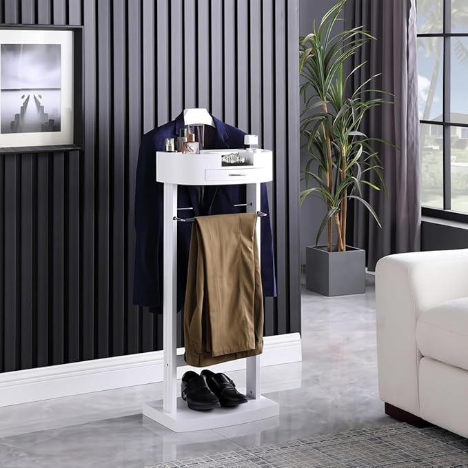 Suit Valet Stands with Hanger, Pant Hanger and Metal Shoe Rack Wood Modern Standing Hanger with Storage Organizer Clothing Rack for Entryway, Bedroom, Office Suit Stand(Standing Dark Brown)