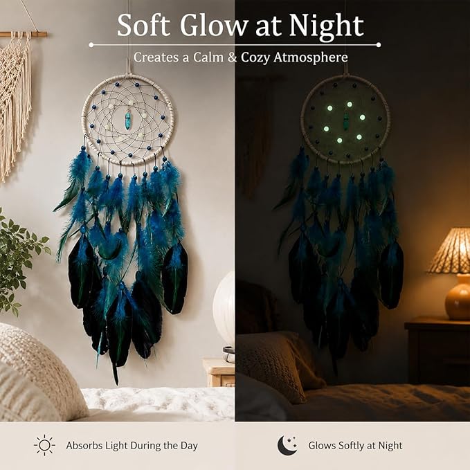 Blue Dream Catchers Luminous Dream Catcher for Boys Girls Kids Bedroom Handmade Nature Feather Decor Wall Hanging