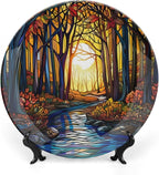 Stained Glass Theme Decorative Ceramic Plate Round Porcelain Plate,6 inch,Sunset Forest Stream Pattern,for Decorative Ornaments Giving Plates, 1 Plate with 1 Display Stand,Orange Blue