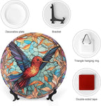 Decorative Plates for Home Decor, Colorful Stained Glass Design Hummingbird Decor Tray for Table Display, Ceramic Dinner Plate W/Stand, Living Room Decor, Gifts for Hummingbird Lovers, 7 Inch