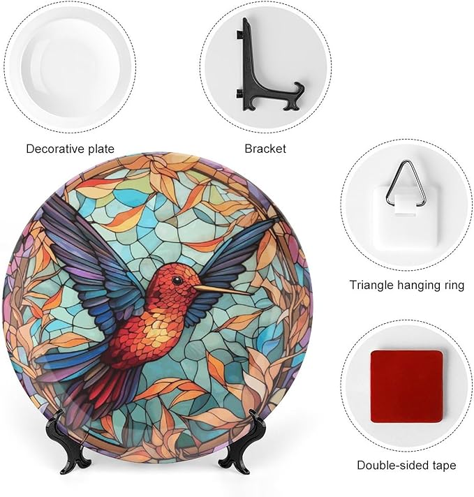 Colorful Stained Glass Design Hummingbird Decorative Plates Home Decor Ceramic Plates, Dinner Plates Display for Kitchen, Hallway Console Side Table, Presents for Hummingbird Lovers, 8 Inch