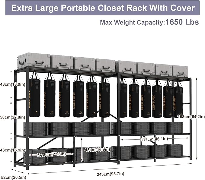 95% Assembled 96" L Heavy Duty Wardrobe Closet, Premium Extra Large Strong Heavy Duty Clothes Rack with Cover,Portable Foldable Freestanding Garment Rack for Hanging Clothes, Black