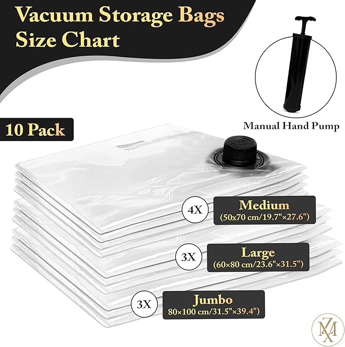 Vacuum Storage Bags 10 Pack with Hand Pump – Space Saver Compression Bags for Clothes, Bedding, Travel & Home Storage