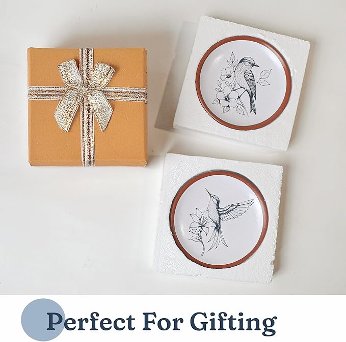 FINE LIVING 8 Inch Hummingbird Wall Art Terracotta Plates Set of 2, Decorative Plates for Hanging, Ceramic Clay Wall Decor for Boho Rustic Farmhouse Living Room, Kitchen & Bedroom