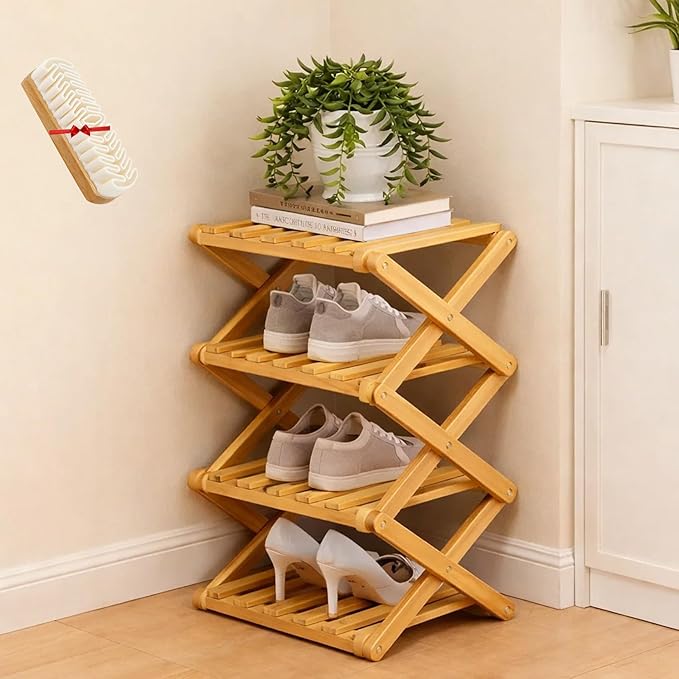 The 9-Tier No-Assembly Bamboo Rack, Folding Bamboo Shoe Rack Organizer with Collapsible Vertical Design, Space-Saving & No-Tool Assembly, for Entryways,Corners,Bedrooms,Balconies (Yellow,4)