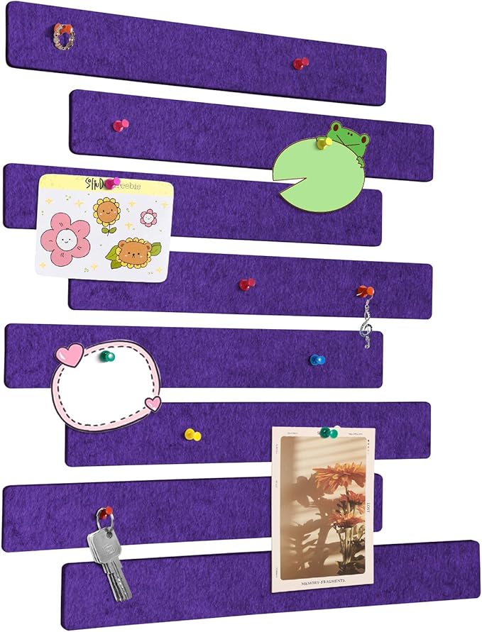 Cork Board for Walls - 8 Pack Felt Pin Board Bar Strips - Self-Adhesive Lightweight Bulletin Board - Cork Board for Office with 40 Push Pins No Damage for Wall (Violet)