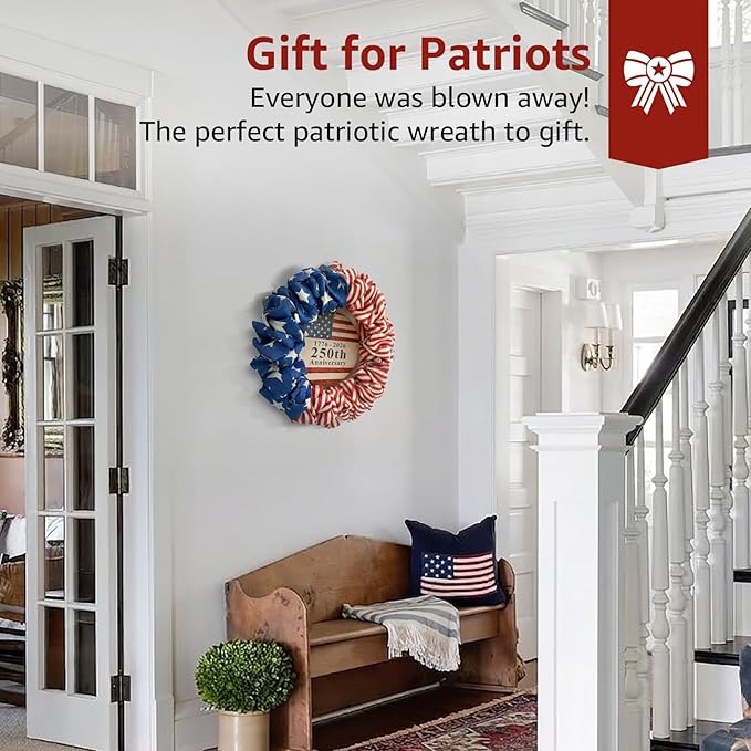 4th of July Wreath for Front Door - 20 inch Memorial Day Patriotic Decorations Outdoor, Red White and Blue 1776-2026 USA 250th Anniversary Burlap American Flag Door Wreaths