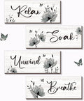 ONIZHITY Set of 4 Black Bathroom Decor With Black Flower Wall Art Inspire Relax Soak Unwind Rustic Farmhouse Wooden Wall Art Ideal for Women's Bedroom, Office, Living Room, Kitchen (10x4)