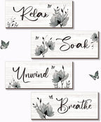 ONIZHITY Set of 4 Black Bathroom Decor With Black Flower Wall Art Inspire Relax Soak Unwind Rustic Farmhouse Wooden Wall Art Ideal for Women's Bedroom, Office, Living Room, Kitchen (10x4)