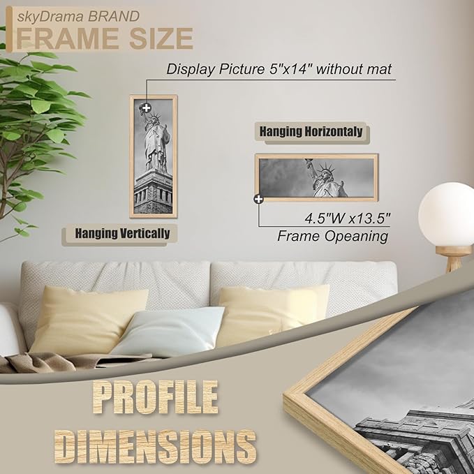 Natural Solid Wood 5x14 Picture Frame, Display 5 x 14 Inch Picture Poster Photo, Vertical & Horizontal Wall Hanging - 2 Pack/Natural/5"x14"