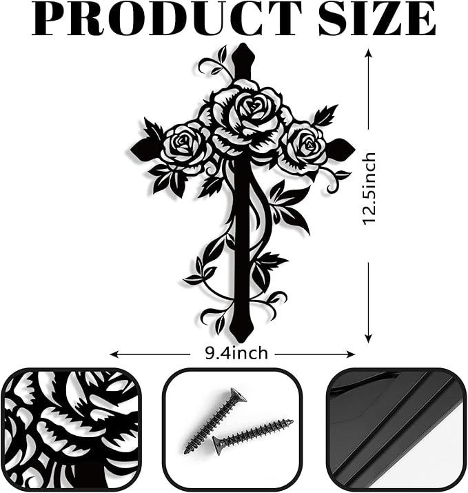 Kercan Metal Rose Cross Wall Decor - Modern Room Decor Black Cross Wall Art Home Decor for Living Room, Bedroom, Dining Room, Porch