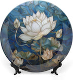 Stained Glass Theme Decorative Ceramic Plate Round Porcelain Plate,8 inch,Flowers in The Pond Pattern,for Decorative Ornaments Giving Plates, 1 Plate with 1 Display Stand,Blue White