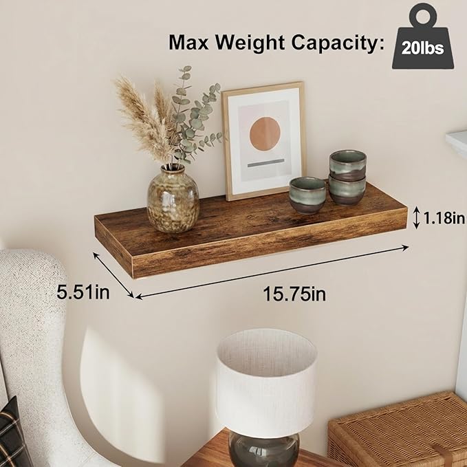 Fixwal Wood Floating Shelves, Wall Shelves Set of 4, Shelves for Wall Decor, with Invisible Brackets for Bathroom, Living Room,Bedroom and Kitchen(15.7in, Rustic Brown)
