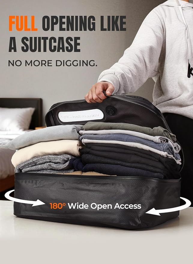 Vacuum Bags for Travel, 180° Open Zipper, IP67 Waterproof, Reusable Space Saver Compression Bags for Backpack, Suitcase(1 Pack, No Pump)