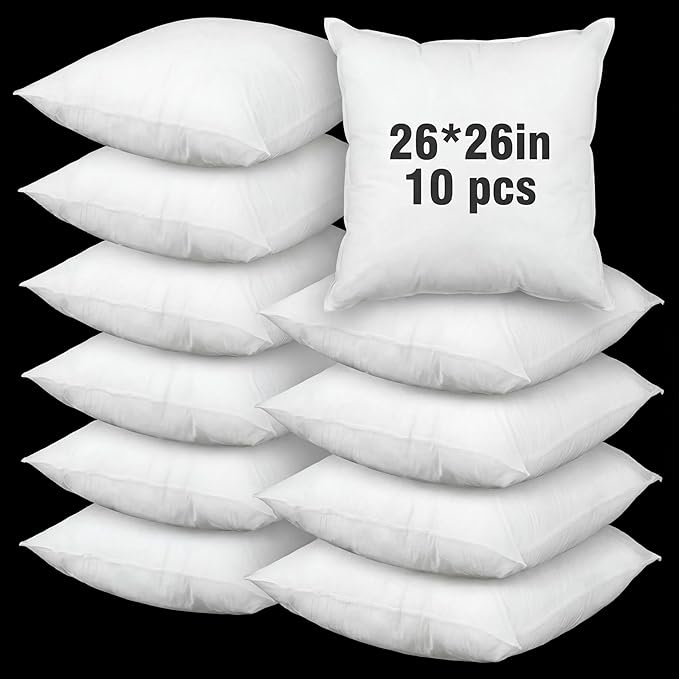 Soaoo Set of 10 Fluffy Throw Pillows Insert Bulk 26 x 26 Inches White, Filled in 400g Polyester Fiber, Decorative Square Pillows for Couch Sofa Bed and Party Supplies