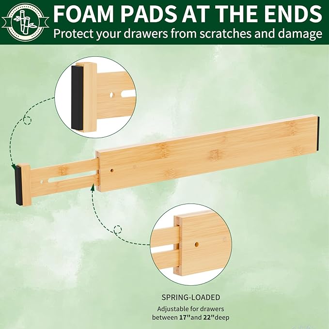 6 Pack Bamboo Drawer Dividers 2.6" High,Adjustable Spring Loaded Clothes Drawer Organizers for Kitchen, Dresser, Bathroom, Bedroom and Office