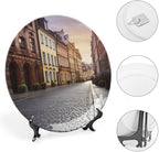 Poland's Historic Center Street Bone China Decorative Plate for Home Decor, Round Ceramic Decorative Dish with Stand Hook, Wall Hanging Ornament Plates for Office, Porcelain Plates 6inch