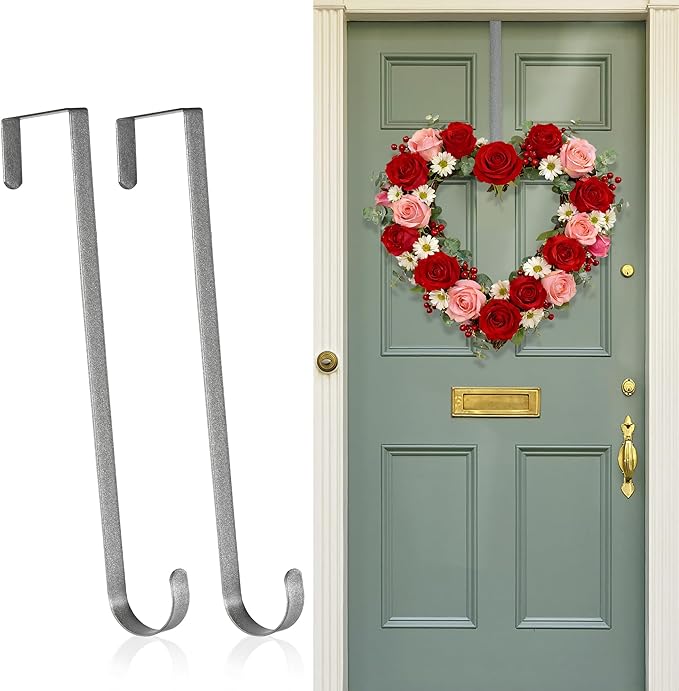 2 Pack Wreath Hangers for Front Door,12 Inch Wreath Hanger Hook for Front Porch Decor,Metal Over The Door Hooks Hanger for Halloween Fall Christmas Decorations Outdoor Indoor Home Decor,Silver