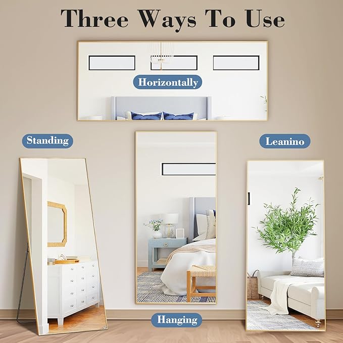 DUMOS 56"x21" Full Length Mirror, Full Body Mirror with Aluminum Alloy Thin Frame, Standing Mirrors with Leaning or Hanging, Suitable for Bedroom, Livingroom, Cloakroom, Gold