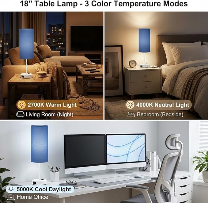 ZJOJO Table Lamp for Bedroom 2 Pack,18in Bedside Lamps with 3 Way Dimmable Rocker Switch & AC Outlet,Nightstand Desk Lamp with Blue Fabric Shade White Base for Living Room Home Decor Lights