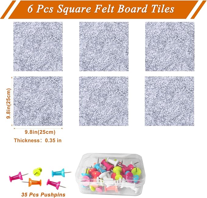 Square Felt Cork Bulletin Board Tiles, Self Adhesive DIY Felt Pin Board for Wall 30" x 20" with 35 Pushpins for Office School Home Wall Decor Stickers Memos Photos Display (Light Grey)