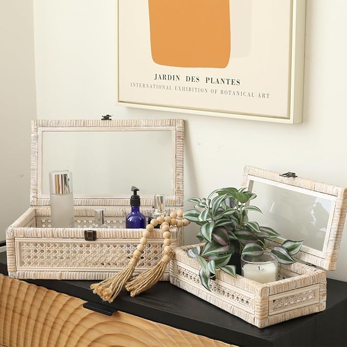 DECOR4SEASON Rattan and Cane Stacking Boxes with Glass Top Lid - Set of 2 11.8" and 14.1", for Boho and Rustic Farmhouse Decor, White Wash