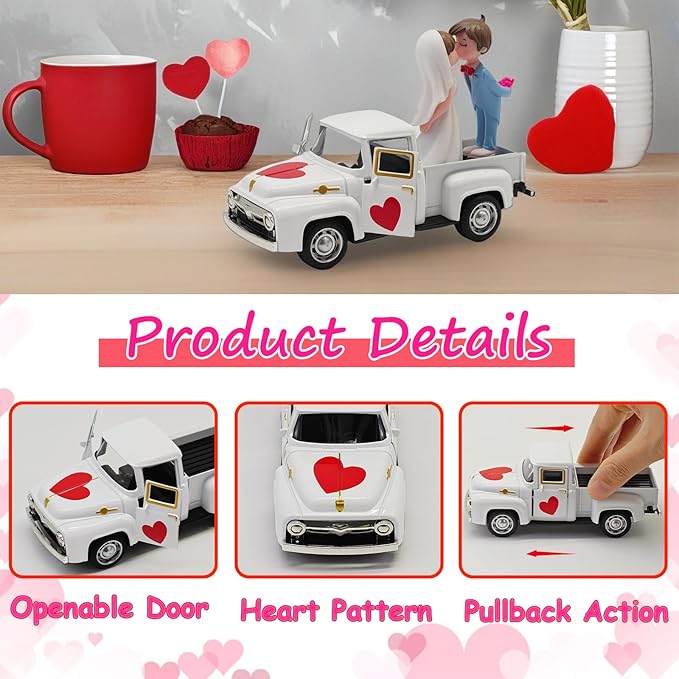 Valentines Day Decorations Farmhouse Vintage Mini Truck with Love Couple Figurines, Heart Pattern, Valentine's Day Home Tiered Tray Decor Valentine & Wedding Table Centerpiece Gifts for Her Him