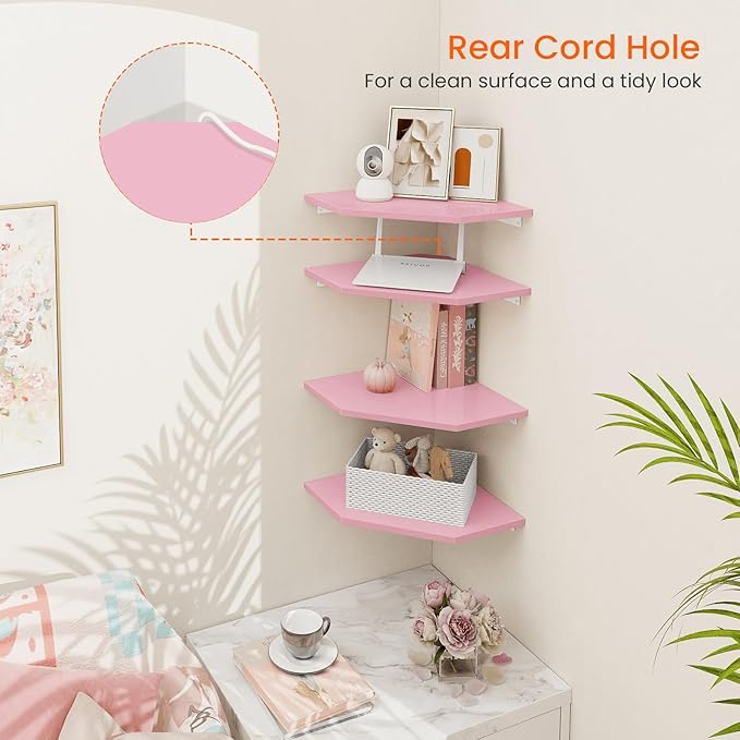 Homode Corner Shelf Wall Mount, Set of 4 Corner Floating Shelves, Wood Hanging Storage Shelving with Cord Hole, Wall Shelf Organizer for Bathroom Bedroom Living Room Office, Pink