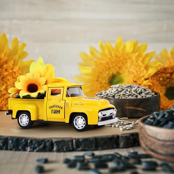 Sunflower Vintage Metal Truck Mini Metal Farm Truck Decor with Sunflower Bouquet Farmhouse Rustic Pickup Tiered Tray Decor for Home Kitchen Shelf Table Decor Yellow