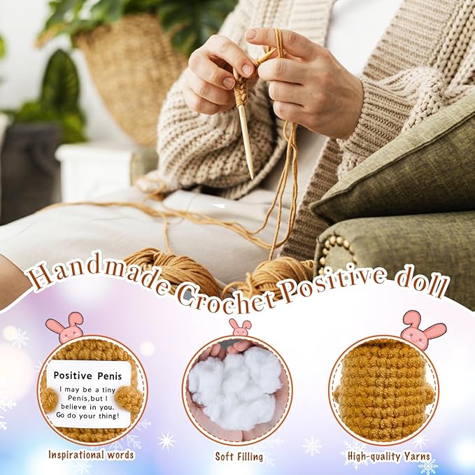 Handmade Positive Crochet Gift with Emotional Support Message Card for Men Women Coworkers,Funny Office Home Desk Decor (Brown Doll Without Glasses)