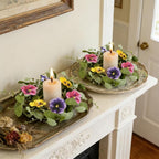 6 PCS Summer Floral Wreaths for Kitchen Cabinet Artificial Pansy Flowers Wreaths with Fern Branches Flocked Lamb Ear Leaves Mini Wreath Spring Floral Small Wreath for Table Centerpiece Farmhouse Decor
