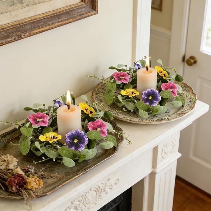 6 PCS Summer Floral Wreaths for Kitchen Cabinet Artificial Pansy Flowers Wreaths with Fern Branches Flocked Lamb Ear Leaves Mini Wreath Spring Floral Small Wreath for Table Centerpiece Farmhouse Decor