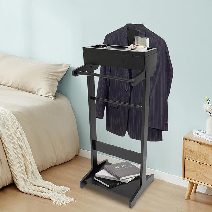 Valet Stand for Men and Women, Wood Suit Rack, Freestanding Coat Stand, Valet Stand Clothing Rack Organizer, Contour Hanger, Trouser Bar, Tie & Belt Hooks for Entryway, Bedroom, Office (Black)