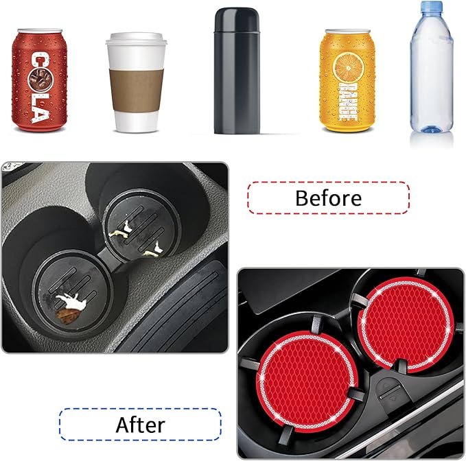 COCASES Car Coasters, 4 Pack Vehicle Bling Car Coaster, Universal Rhinestone Coaster for Cup Holders, Car Interior Accessories Silicone Car Coasters for Women(2.75'' Red, White Crystal Circle)