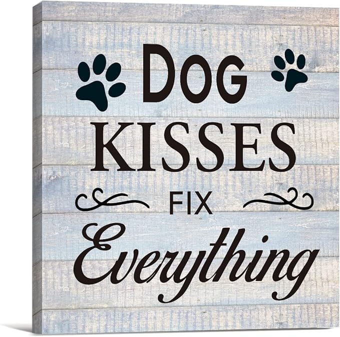 Funny Farmhouse Dog Canvas Wall Art Decor Dog Kisses Fix Everything Rustic Sign Painting Plaque Vintage Animal Pictures Print Home Decoration (8 X 8 Inches, Framed)