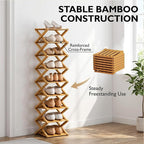 9 Tier Bamboo Shoe Rack, Foldable Shoe Rack, Shoe Rack, Ertical Shoe Organizer for Small Spaces, No Assembly Narrow Shoe Shelf for Entryway Closet Dorm (Brown, 7 Layers)