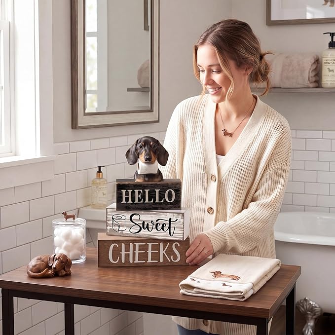Moucuny 4 Pcs Dachshund Bathroom Decor Set Funny Toilet Wooden Tiered Tray Decor Farmhouse Dachshund Centerpiece Rustic Bathroom Shelf Decoration Hello Sweet Cheeks Decoration for Home Office