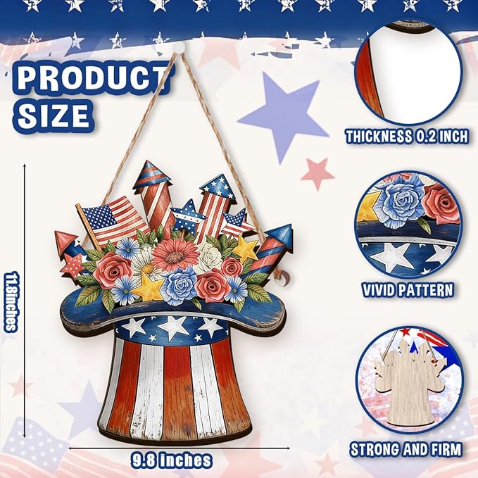 Wooden 4th of July Decorations Patriotic Wreaths for Front Door Independence Day Decorations Star Sign Welcome Memorial Day Hanging for Home Wall Decor Outdoor Indoor Red White and Blue Wreath 7